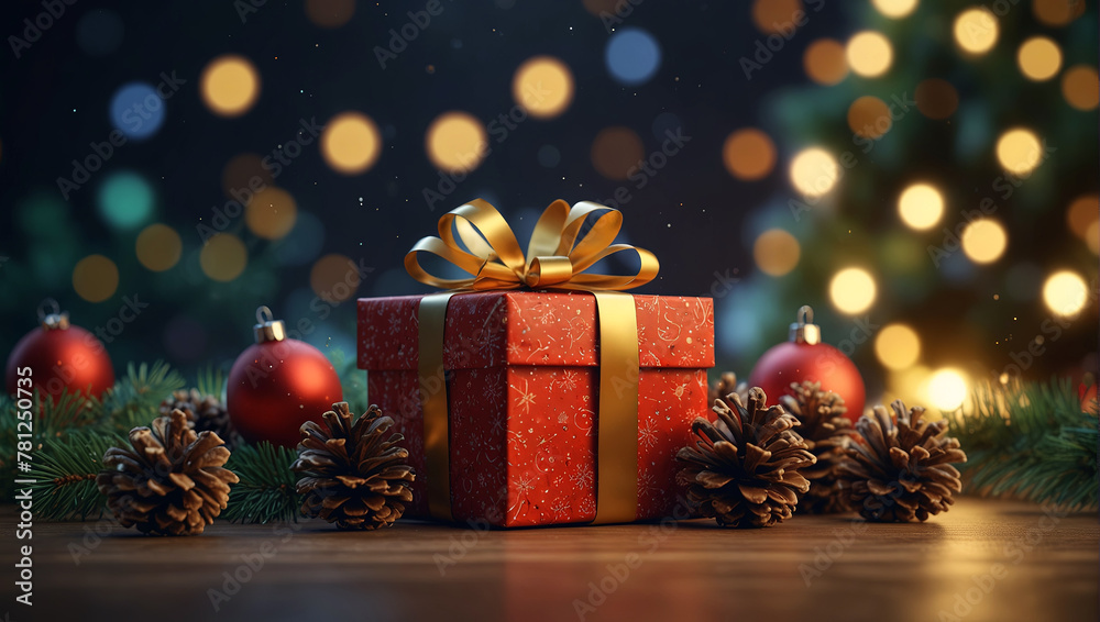 Christmas gift box with golden bow, pine cones and tree balls on the winter celebration background with bokeh effect. Christmas gift box with golden bow, pine cones and tree balls on the winter celebration background with bokeh effect.