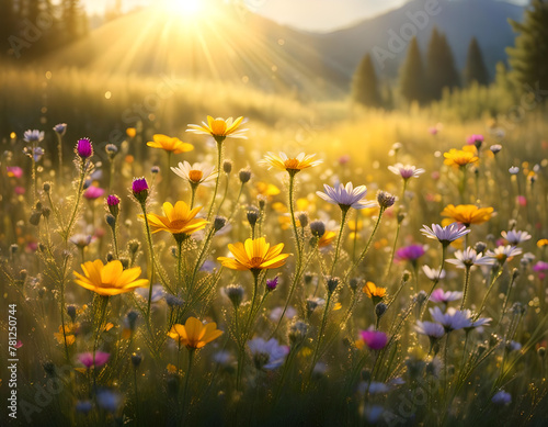 Beautiful flower field in warm sunlight. Natural colorful landscape with wild flowers. Magical floral digital illustration. CG Artwork Background © Irina B