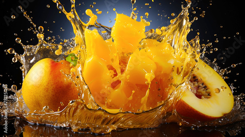 Fototapeta Naklejka Na Ścianę i Meble -  Fruit juice cafe background with real set of different pieces of fruits floating on water and flowing with clear water splash in dark background