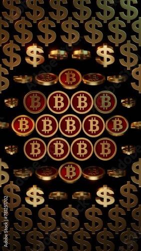 Gold dollar and bitcoin coin, looping vertical animation on black background, BTC to US dollar conversion, 3D rendering made by man.