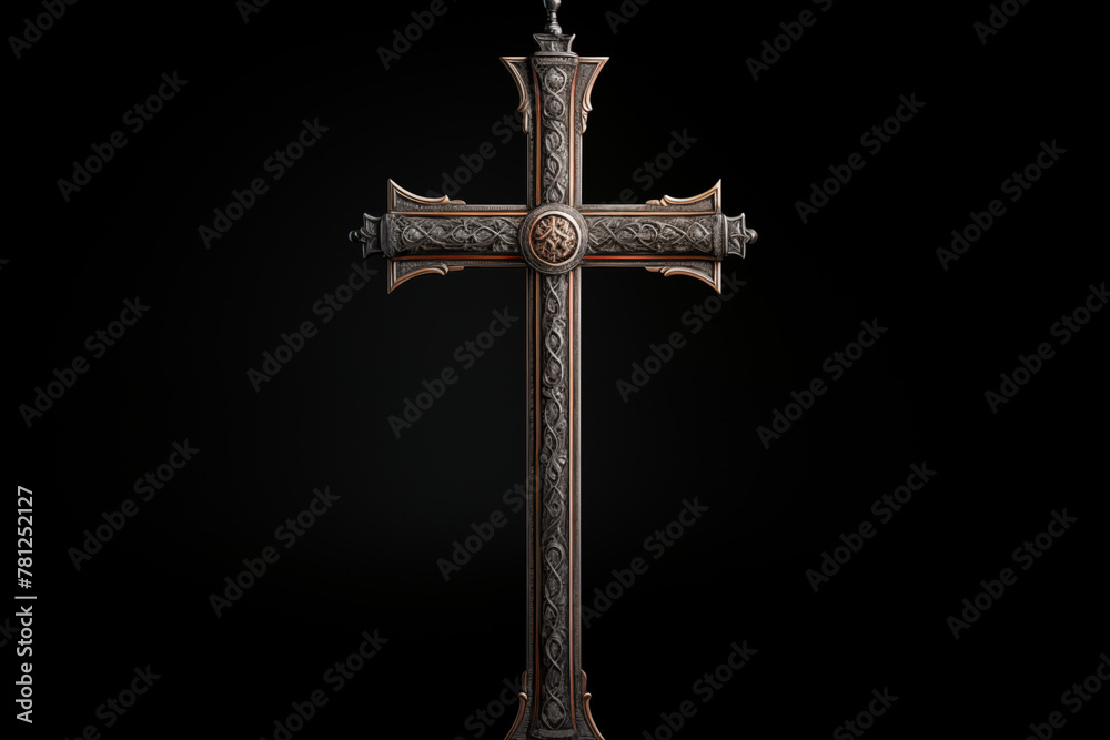 Christian religious metal cross on black background. Christian religious crucifix on black background. Topics related to the Christian religion. Topics related to death. Object of worship and belief. - obrazy, fototapety, plakaty 