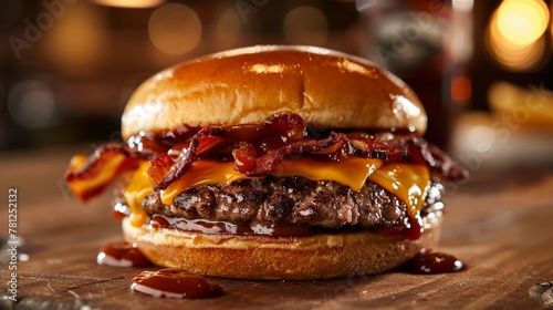 A mouthwatering American burger topped with melted cheese, crispy bacon, and tangy barbecue sauce photo