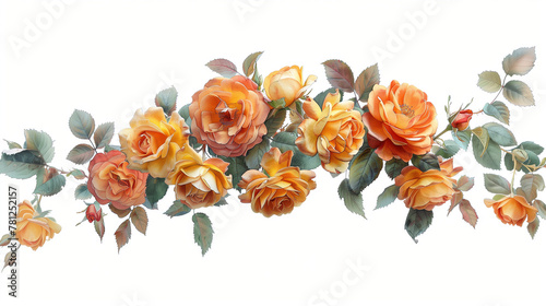 Dessin d'une couronne de fleurs oranges, roses avec feuilles et épines sur fond blanc à l'aquarelle
