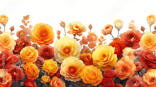 Dessin de fond de fleurs oranges, parterre de roses et rosiers en éclosion sur fond blanc, motif floral pour photo
