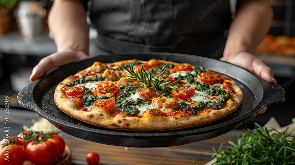   A person holds a pizza in close-up, surrounded by tomatoes, cheese, and herbs on a table