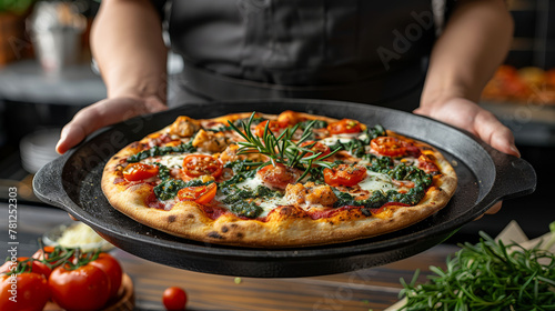   A person holds a pizza in close-up  surrounded by tomatoes  cheese  and herbs on a table