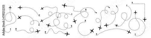 Airplane dashed lines path with start point and dash line Airplane routes set. Plane route line. Planes dotted flight pathways. Plane paths. Aircraft tracking, Airplane routes. Travel vector icon