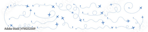 Airplane line path vector icon of air plane flight route with start point and dash line trace. travel, map pins, location pins. Black vector zigzag road collection.