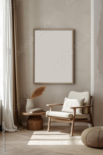 Empty poster mockup in a serene minimalist room with beige wall and sunlight photo