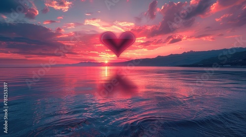 A heart-shaped sunset over a tranquil seascape, reflecting the peacefulness and serenity of love #781253397