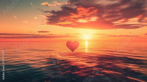 A heart-shaped sunset over a tranquil seascape, reflecting the peacefulness and serenity of love