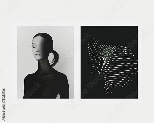 Portrait of a Woman with Abstract Dot Patterns on Her Face in Two Black and White Photographs