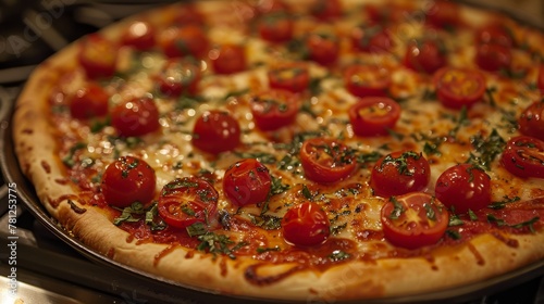   A close-up photo of a pizza on a pan with tomatoes and herbs on top