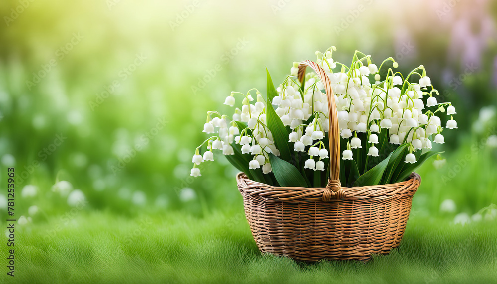 Basket with may flowers and copy space Basket with may flowers and copy space