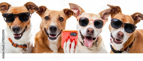 Funny dogs taking selfie on white background.