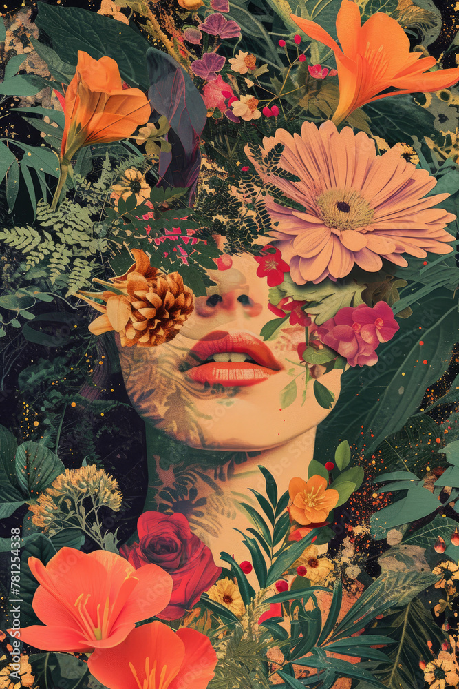 Dreamy Floral Collage Illustration Botanical Elements, Joyful Expressions, and Warm Tones
