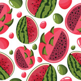 Easter seamless pattern with decorated eggs with watermelon, dragon fruit and colorful eggs for holiday poster, textile or packaging 
