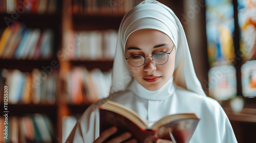 Portrait of Caucasian nun reading bible book in the library photo