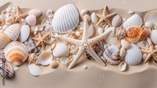 Tropical summer travel banner with seashells, coral, starfish on white sand, vacation concept