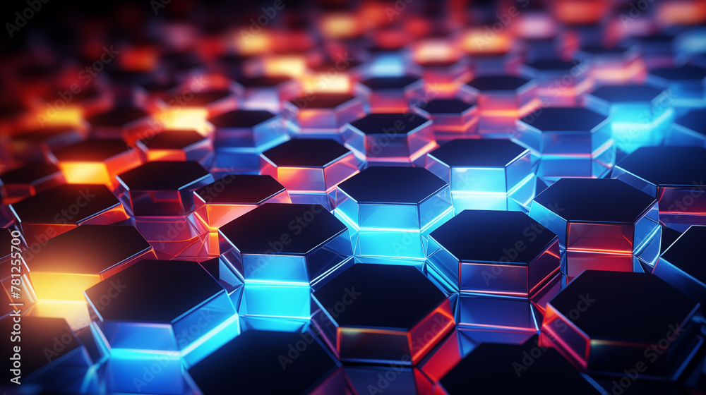 Vibrant Hexagonal Patterns with Luminous Neon Edges in a Dark Scene Vibrant Hexagonal Patterns with Luminous Neon Edges in a Dark Scene