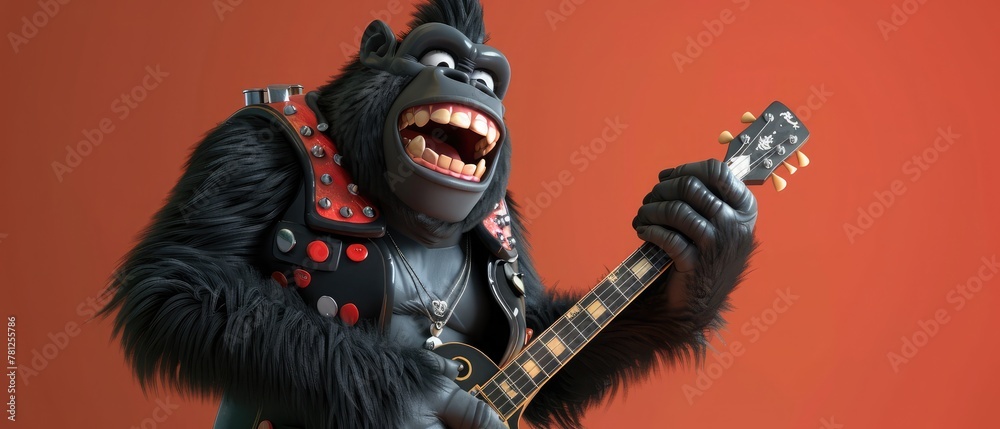Fun 3D cartoon illustration of a rocker gorilla