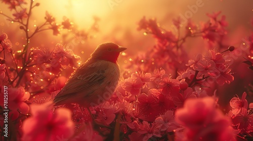  A bird perched on a tree branch with pink flowers in the foreground and the sun behind