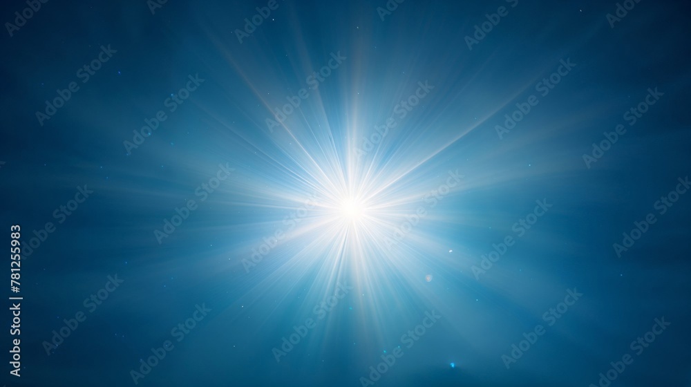 The radiant sun bursts forth in a display of glorious light, piercing the serene blue canopy above. Rays of light spread out in all directions, creating a stunning spectacle of natures power