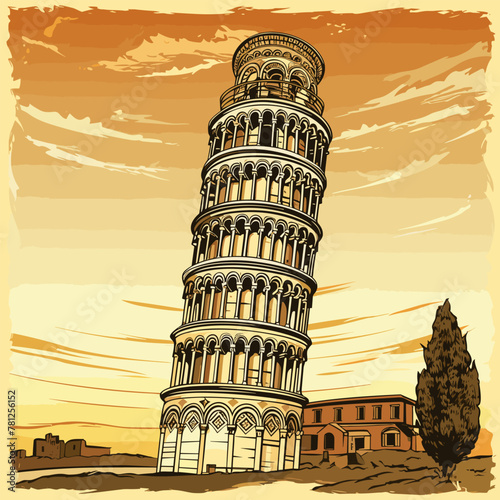 Leaning tower of Pisa hand-drawn comic illustration. Leaning tower of Pisa. Vector doodle style cartoon illustration