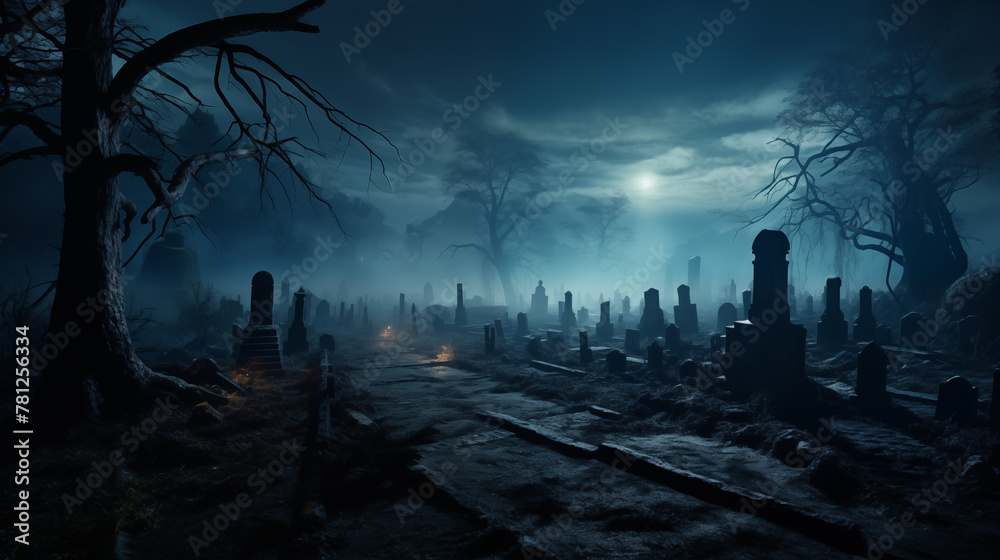 Gloomy Twilight Graveyard with Moonlight and Shadows - obrazy, fototapety, plakaty 