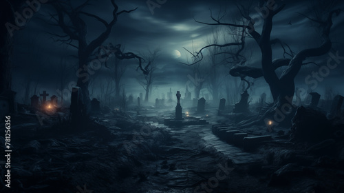Gloomy Night in a Haunted Cemetery with Moonlight and Mist © heroimage.io