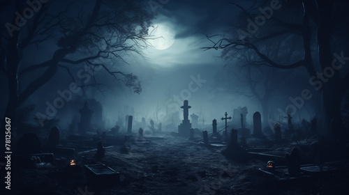 Mysterious Graveyard Scene with Creepy Trees and Soft Moon Glow