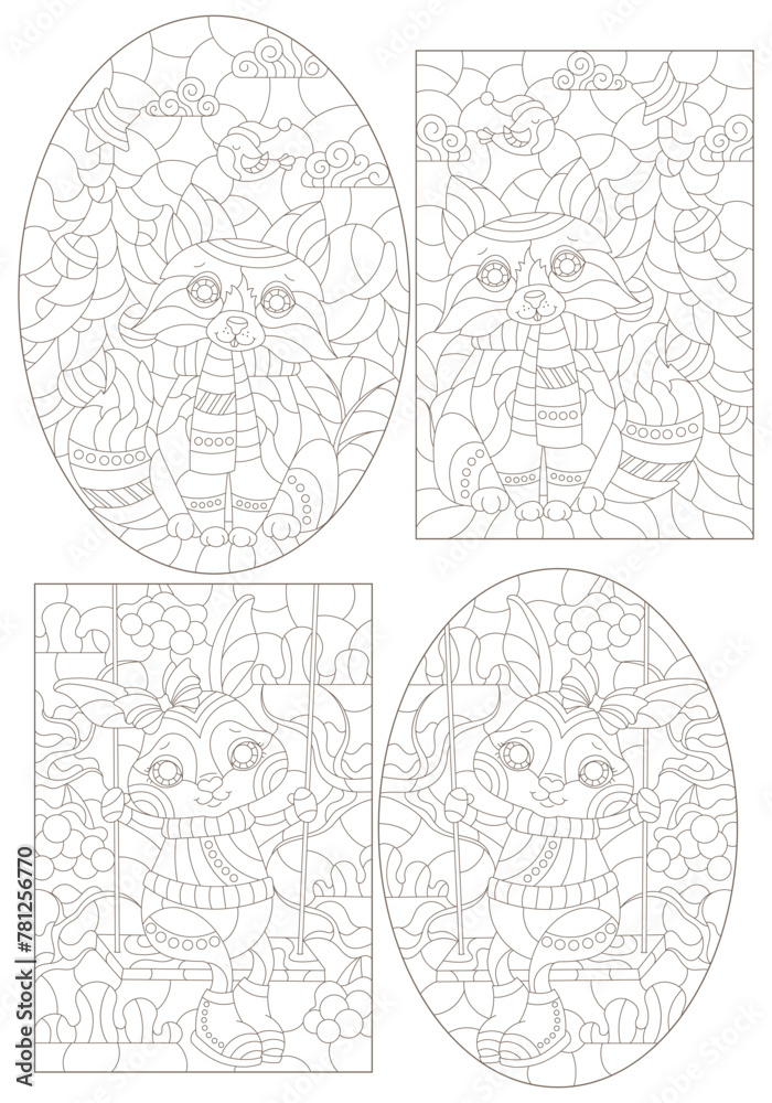 A set of contour illustrations in the style of stained glass with cute rabbit and fox on a swing, dark contours on a white background