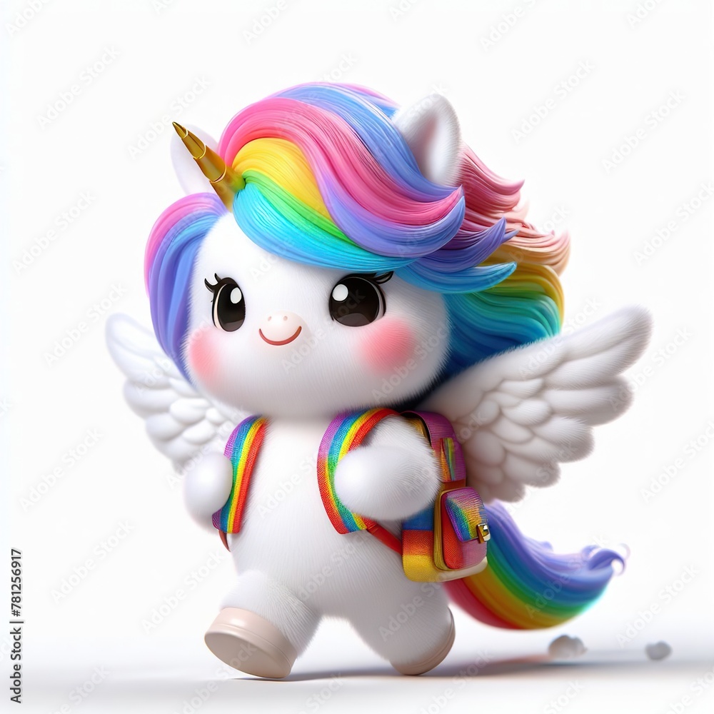 unicorn with white wings and rainbow mane carrying a backpack on the way to school