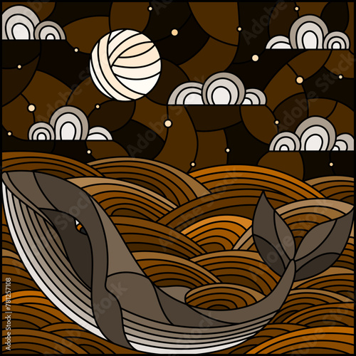 Illustration in stained glass style whale into the waves, starry sky,moon  and clouds, tone brown