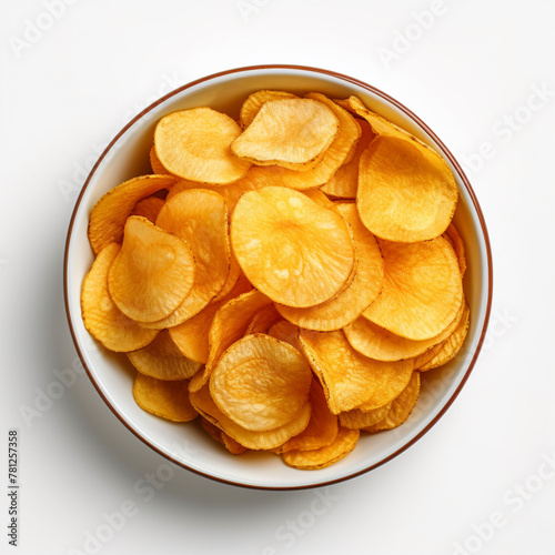 A bowl of potato chips on a white background, Generative AI
