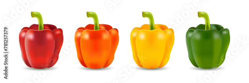 Realistic Set of Four Peppers: Red, Orange, Yellow and Green. Paprika Isolated on Transparent Background. 3d Vector Illustration.