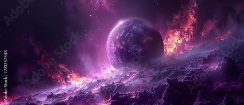 Big planet behind the spike rock ground againts the red purple starry space photo