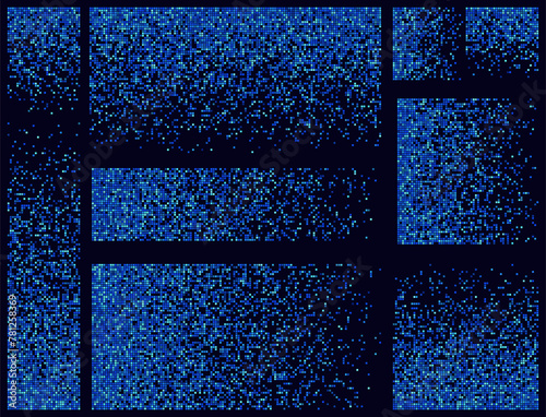 Blue Pixel Dithering Gradients Set. Disintegration Pixel Art Effect. Vector Banner Elements. Disappear Rectangle Texture. Dissolved Pixels. Vector Illustration.