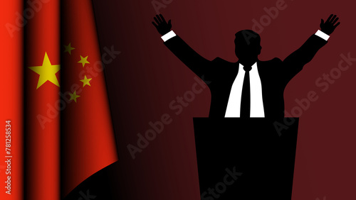 The silhouette of a politician raises his arms in a sign of victory, with the flag of China on the left