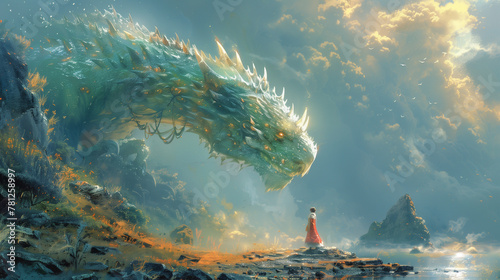 dragon and a person, illustration of fantastical creature and imaginative landscape, ideal for children's books, fantasy-themed projects, and storytelling photo