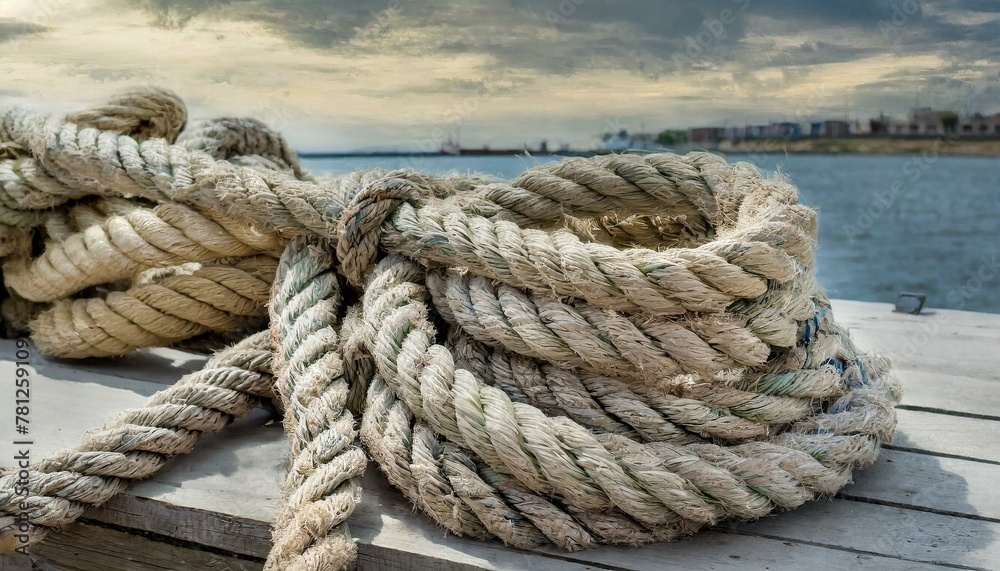 A thick, large rope sitting on wooden beams by the sea, waiting for the ship to be tied down. Sea, ship, water, rope.