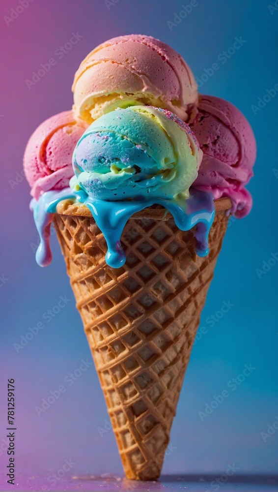 Scoop of colorful ice cream in crispy waffle cone