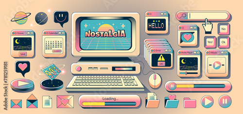 Old computer aestethic. Vaporwave style pc elements, user interface, UI, , planet, dialogue windows, icons in trendy y2k retro style. Vector illustrations. Nostalgia for 1990s -2000s. photo