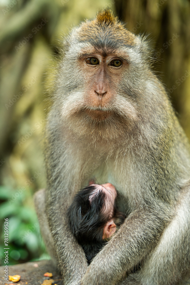 Protective monkey mother with her newborn in Bali Protective monkey mother with her newborn in Bali