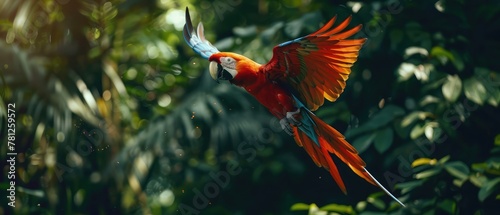 Hybrid parrots in forest. Macaw parrot flying in dark green vegetation. Rare form Ara macao x Ara ambigua, in tropical forest, Costa Rica. Wildlife scene from tropical nature. Red bird in fly, jungle.