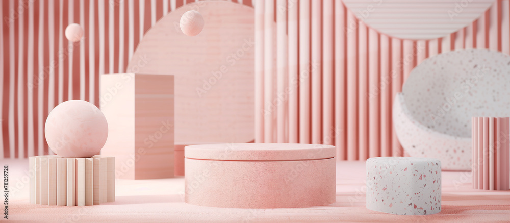 A set of pink podiums with varying shapes and textures, with geometric patterns in the background A set of pink podiums with varying shapes and textures, with geometric patterns in the background
