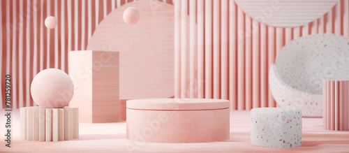 A set of pink podiums with varying shapes and textures, with geometric patterns in the background