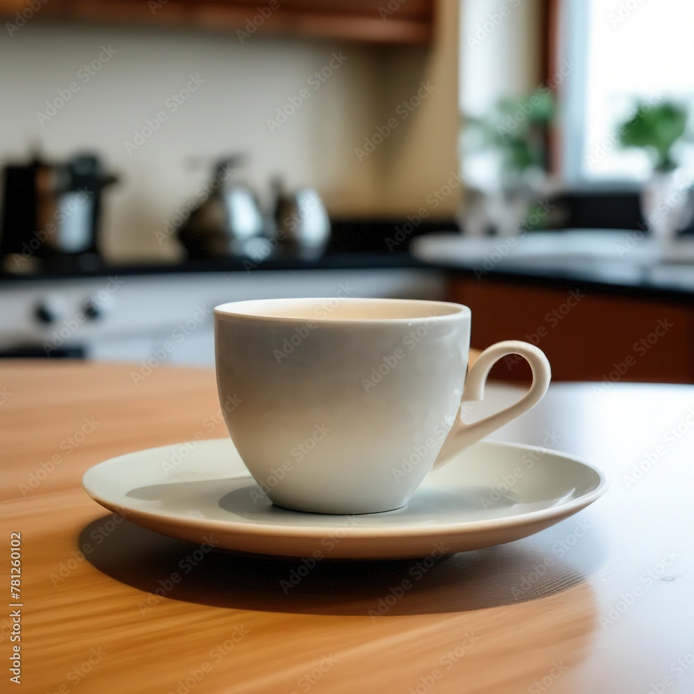 white cup and saucer on the kitchen table. drink