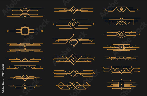 Set of Art deco black calligraphy page dividers. Patterns, ornaments in art deco style. 1920s vintage gold dividers, retro header graphic elements, flourishes vignettes decoration for design. Vector.