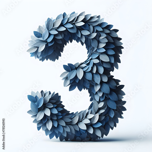 the number 3 is made out of blue Leaves, Isolated on a white background, leaves numbers concept, Creative Alphabet, numbers, Natural Blue
